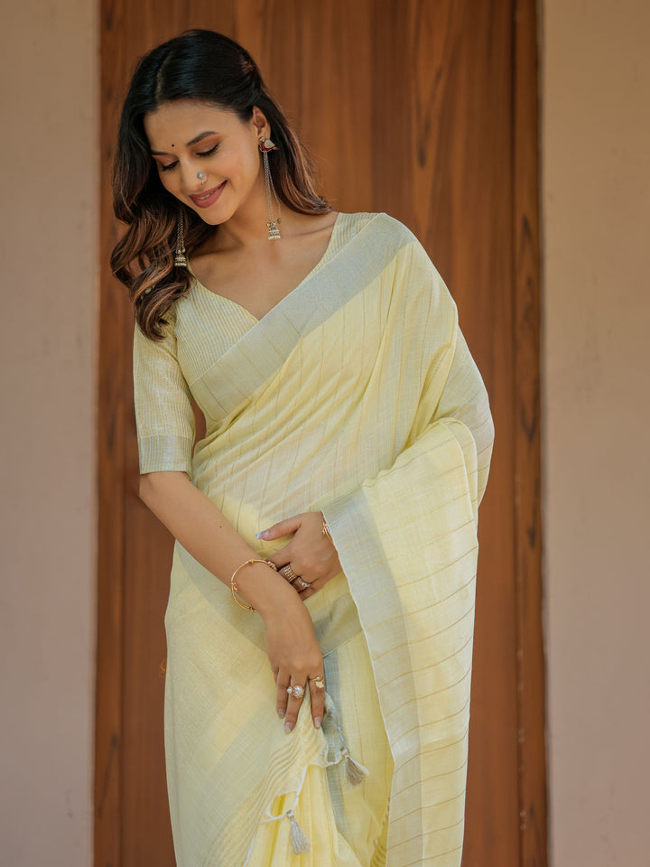 Sunshine Yellow Pure Handloom Cotton Saree with Subtle Striped Weaving & Tassel Detailing
