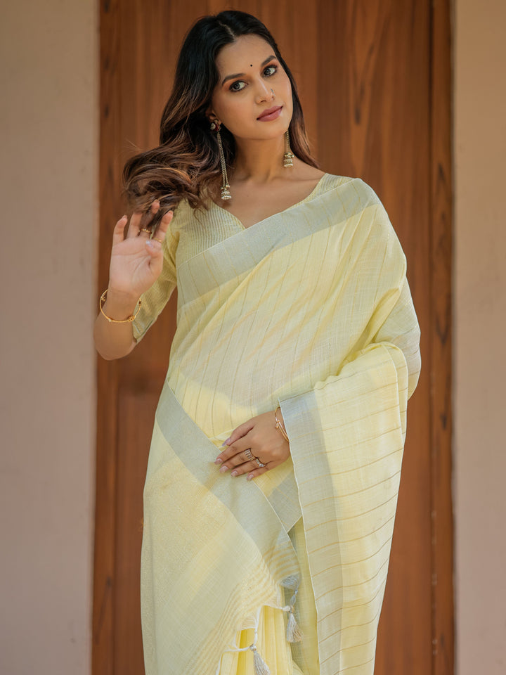 Sunshine Yellow Pure Handloom Cotton Saree with Subtle Striped Weaving & Tassel Detailing