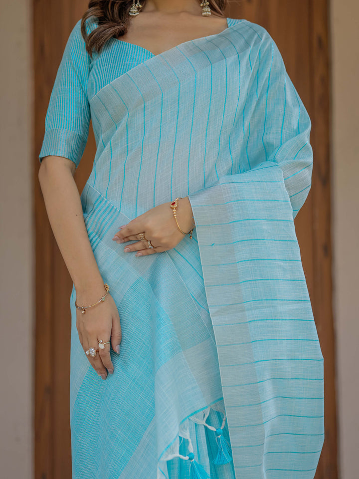Aqua Blue Pure Handloom Cotton Saree with Striped Weaving & Tassel Detailing