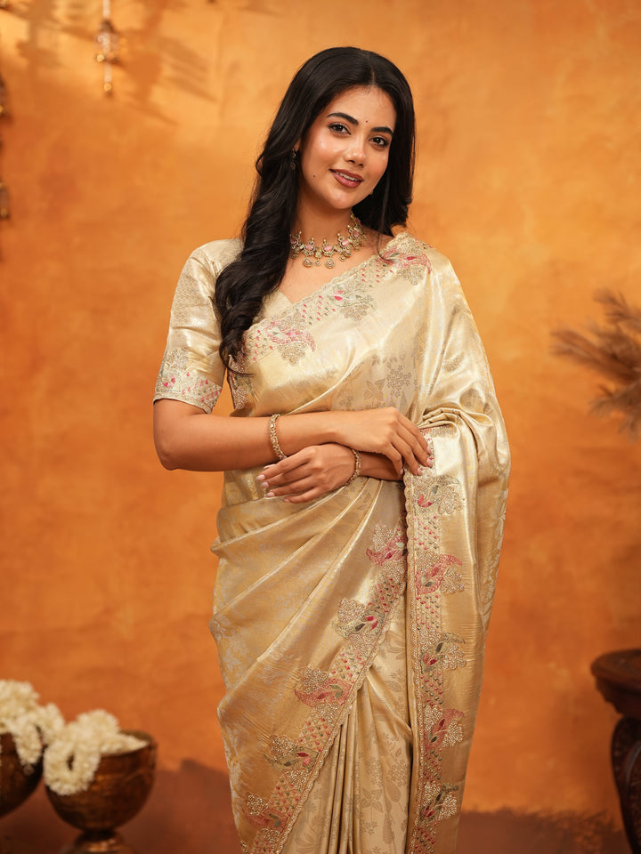 Luxurious Champagne Gold Banarasi Silk Saree with Delicate Floral Embroidered Border & Zari Weaving | Premium Wedding & Festive Wear Saree