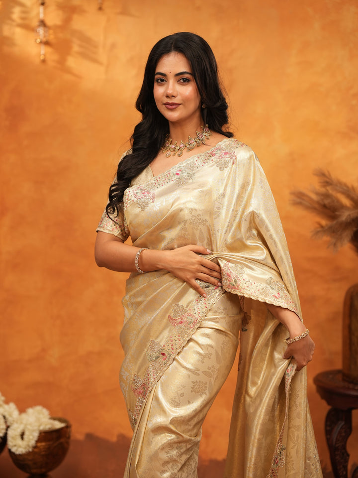 Luxurious Champagne Gold Banarasi Silk Saree with Delicate Floral Embroidered Border & Zari Weaving | Premium Wedding & Festive Wear Saree