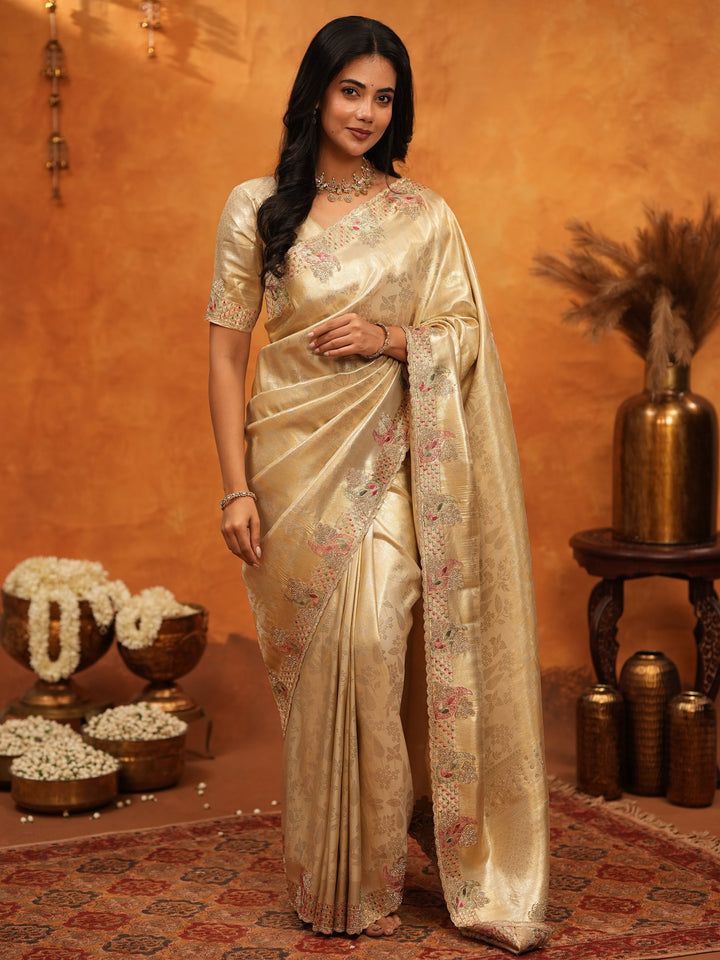 Luxurious Champagne Gold Banarasi Silk Saree with Delicate Floral Embroidered Border & Zari Weaving | Premium Wedding & Festive Wear Saree