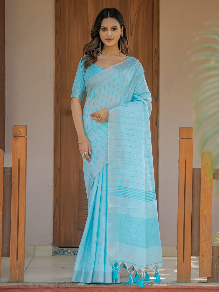 Aqua Blue Pure Handloom Cotton Saree with Striped Weaving & Tassel Detailing