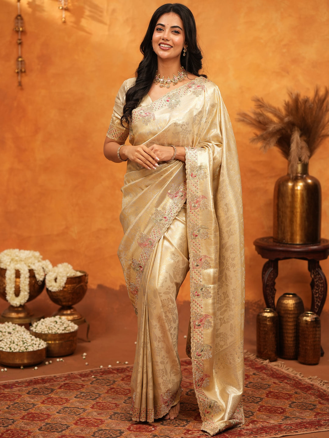 Luxurious Champagne Gold Banarasi Silk Saree with Delicate Floral Embroidered Border & Zari Weaving | Premium Wedding & Festive Wear Saree