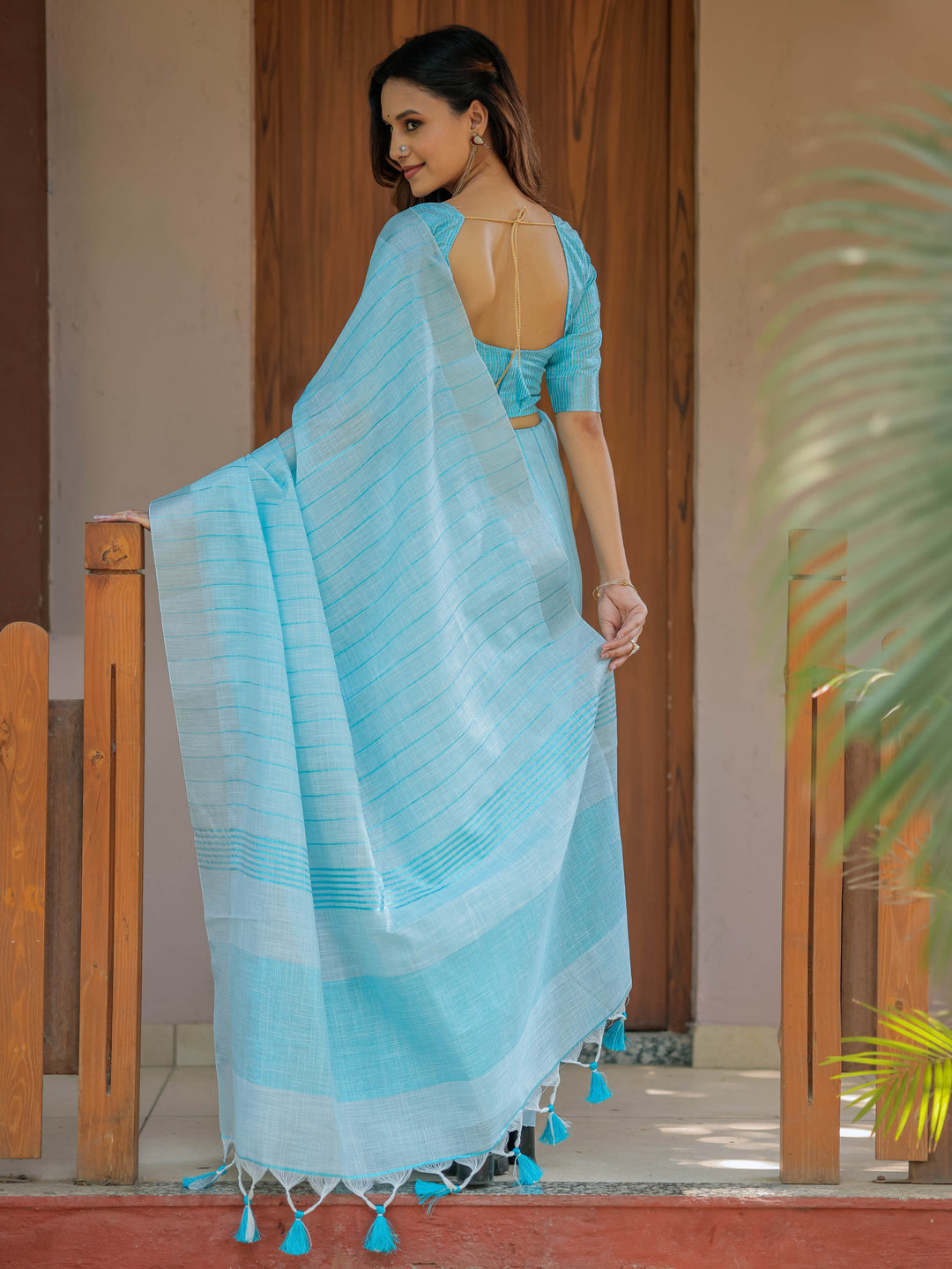Aqua Blue Pure Handloom Cotton Saree with Striped Weaving & Tassel Detailing