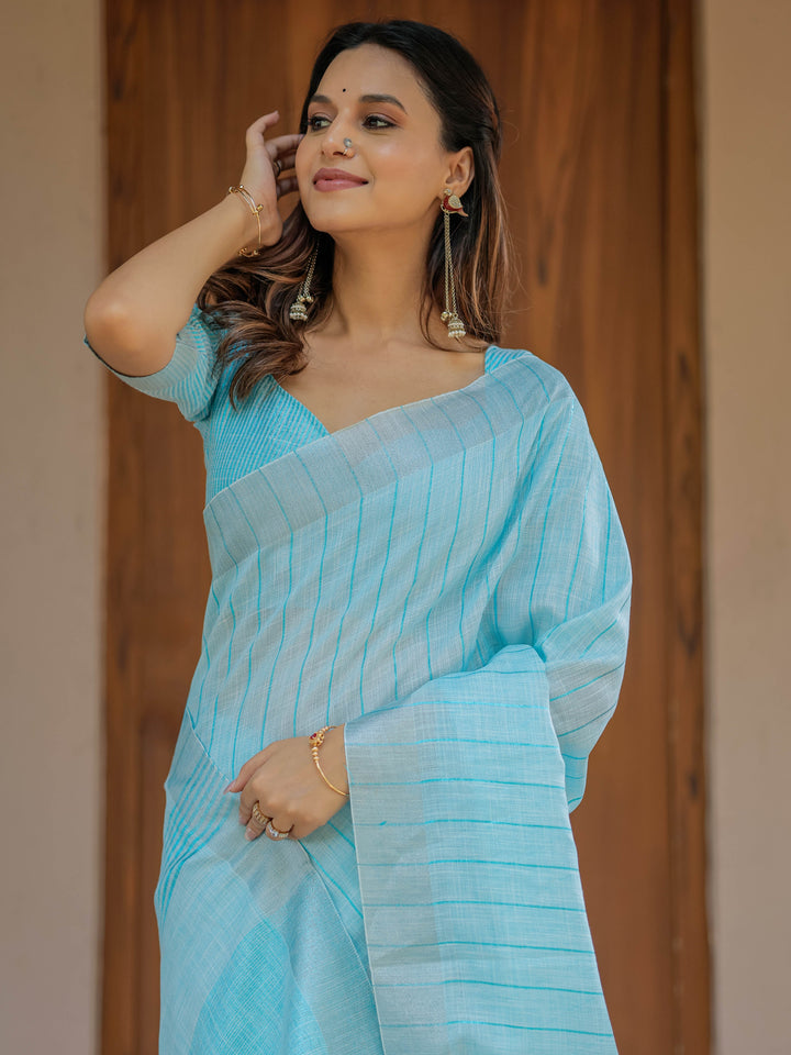 Aqua Blue Pure Handloom Cotton Saree with Striped Weaving & Tassel Detailing