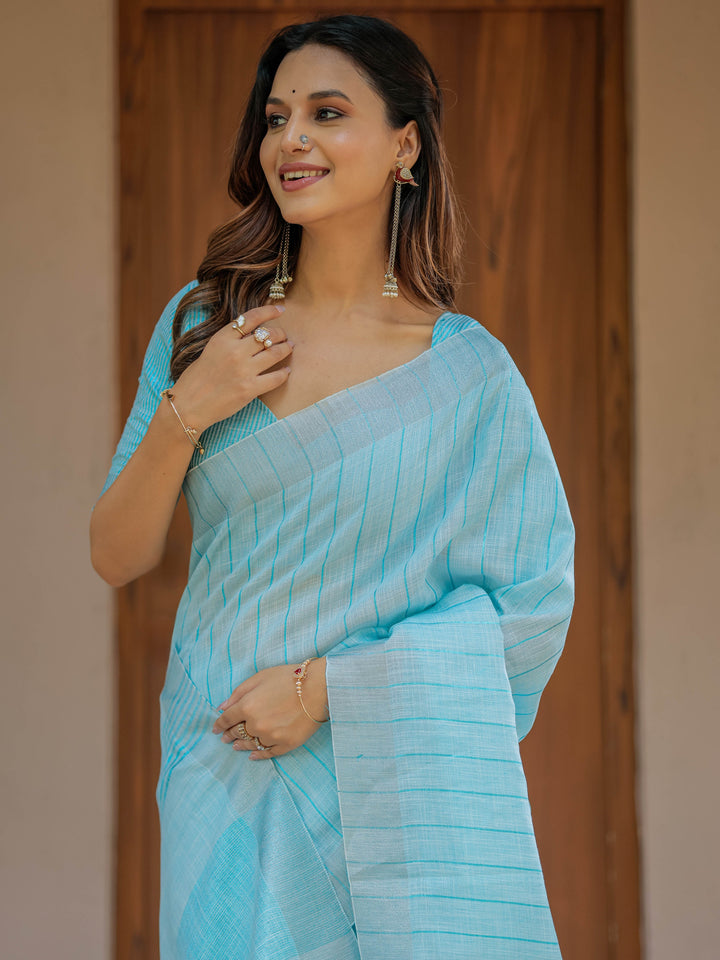 Aqua Blue Pure Handloom Cotton Saree with Striped Weaving & Tassel Detailing