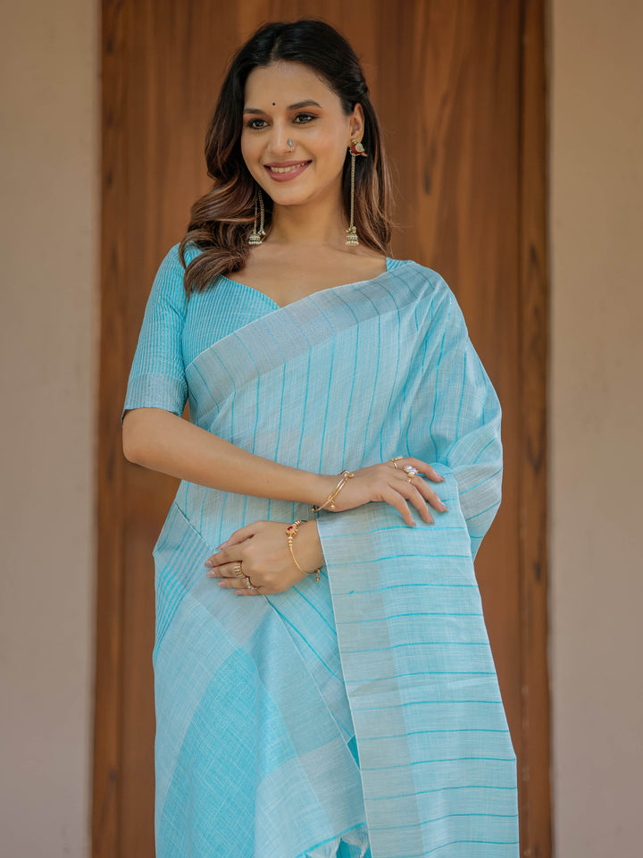 Aqua Blue Pure Handloom Cotton Saree with Striped Weaving & Tassel Detailing