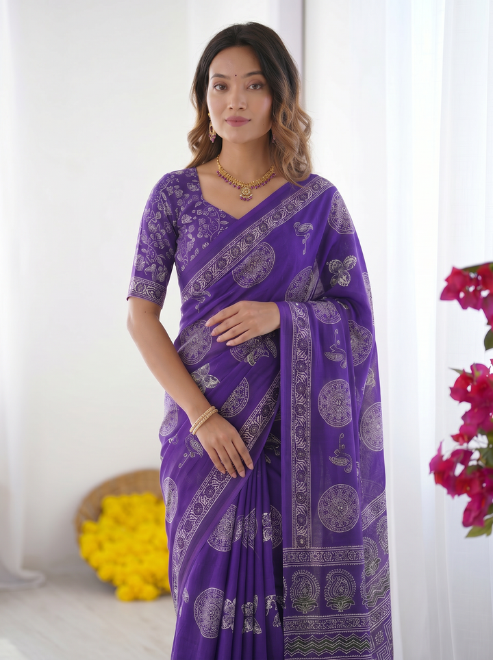 Royal Purple Modal Silk Saree with Circular Medallion Print &amp; Heritage Designer Pallu | Festive &amp; Ethnic Wear Saree