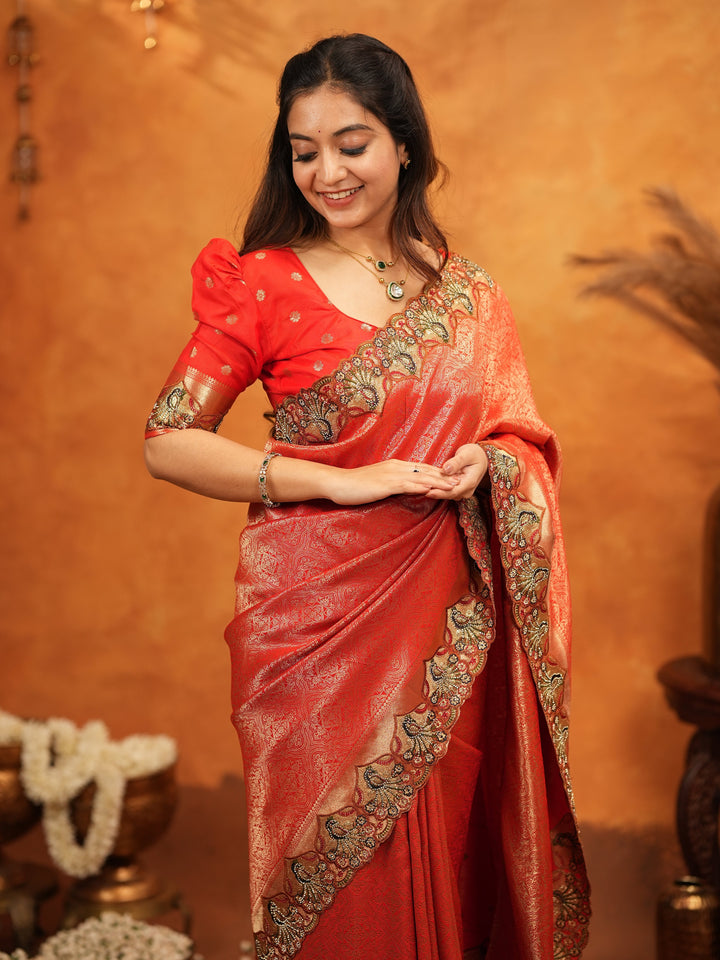 Classic Red Banarasi Silk Saree with Rich Zari Weaving & Heavy Embroidered Border | Designer Wedding Wear Saree with Blouse & Tassels