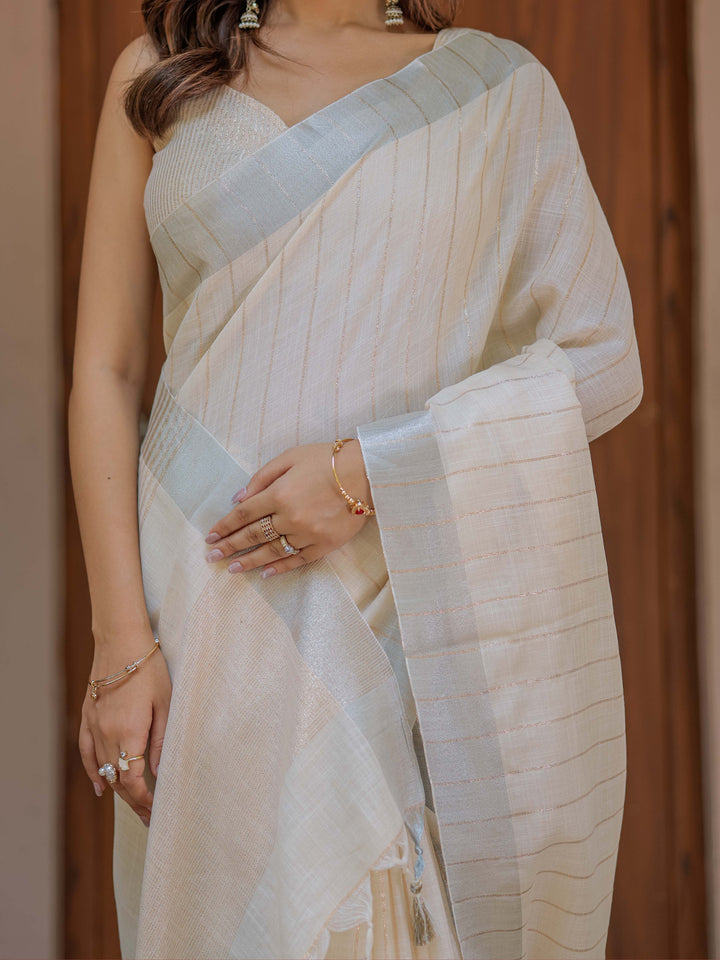 Ivory Cream Pure Handloom Cotton Saree with Golden Striped Weaving & Tassel Detailing