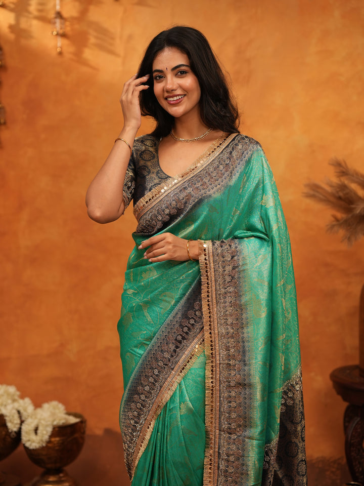 Elegant Teal Green Banarasi Silk Saree with Black Zari Border & Rich Woven Pallu | Designer Festive & Wedding Wear Saree
