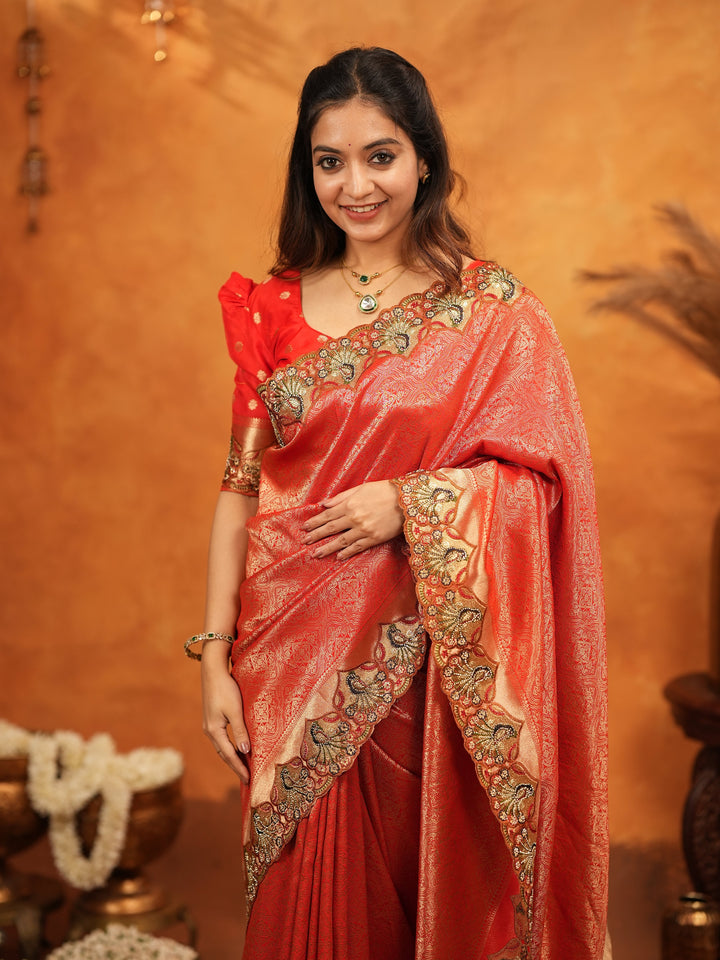 Classic Red Banarasi Silk Saree with Rich Zari Weaving & Heavy Embroidered Border | Designer Wedding Wear Saree with Blouse & Tassels