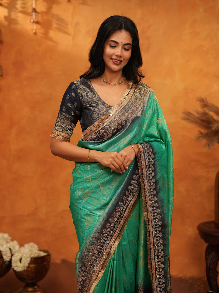 Elegant Teal Green Banarasi Silk Saree with Black Zari Border & Rich Woven Pallu | Designer Festive & Wedding Wear Saree