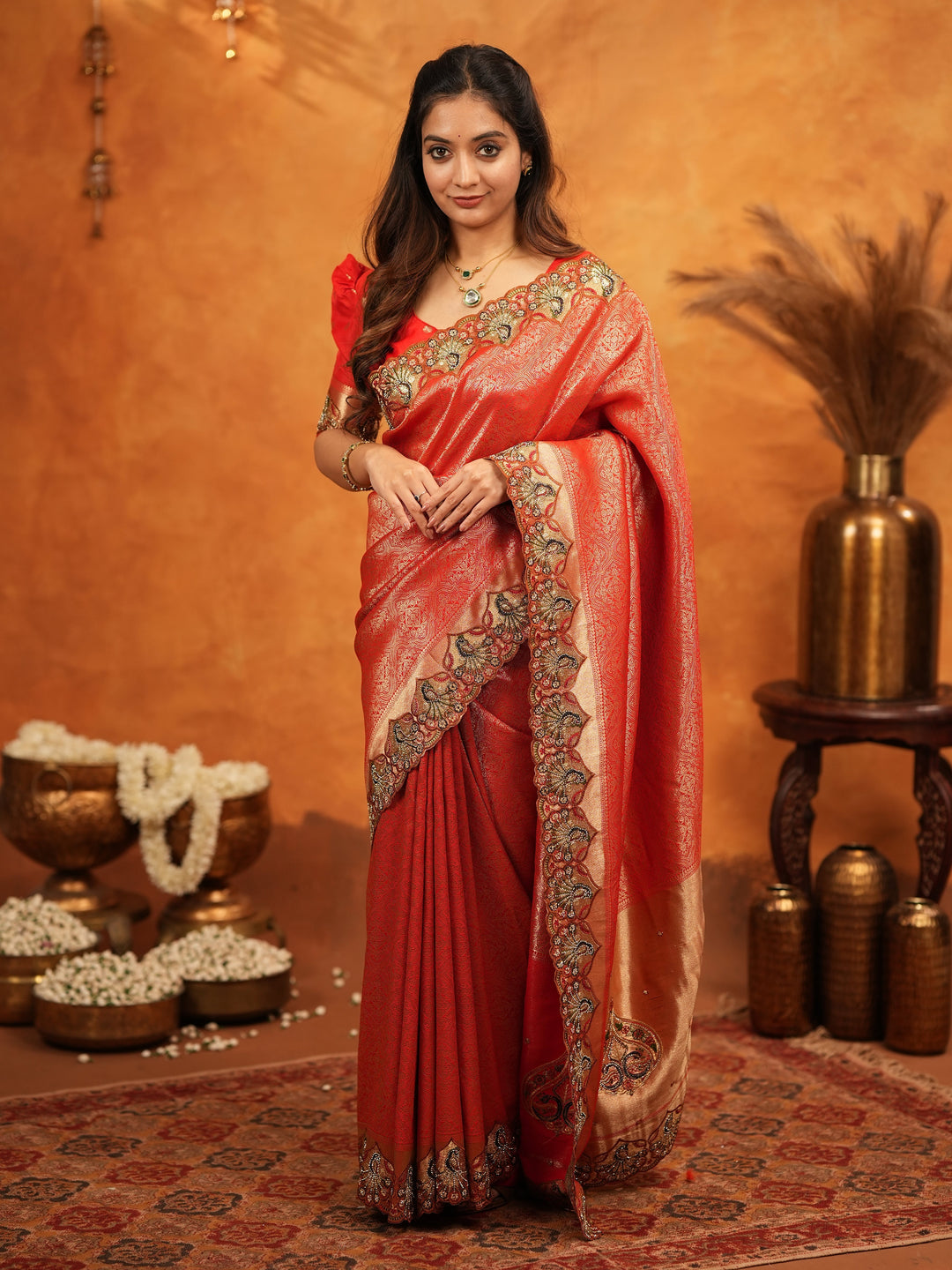 Classic Red Banarasi Silk Saree with Rich Zari Weaving & Heavy Embroidered Border | Designer Wedding Wear Saree with Blouse & Tassels