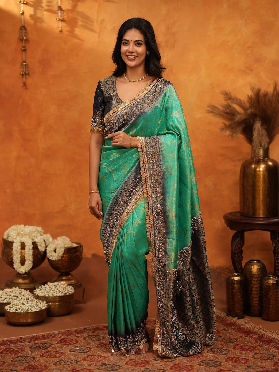 Elegant Teal Green Banarasi Silk Saree with Black Zari Border & Rich Woven Pallu | Designer Festive & Wedding Wear Saree