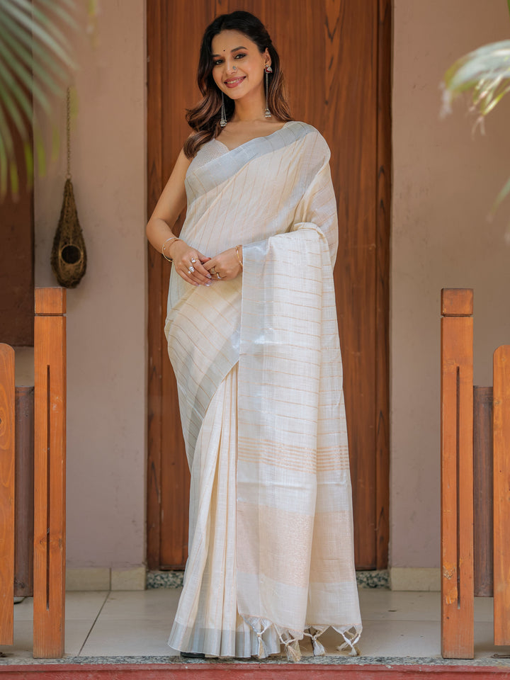 Ivory Cream Pure Handloom Cotton Saree with Golden Striped Weaving & Tassel Detailing