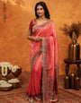 Graceful Coral Pink Banarasi Silk Saree with Rich Zari Border & Contrast Blouse | Designer Wedding & Festive Wear Saree