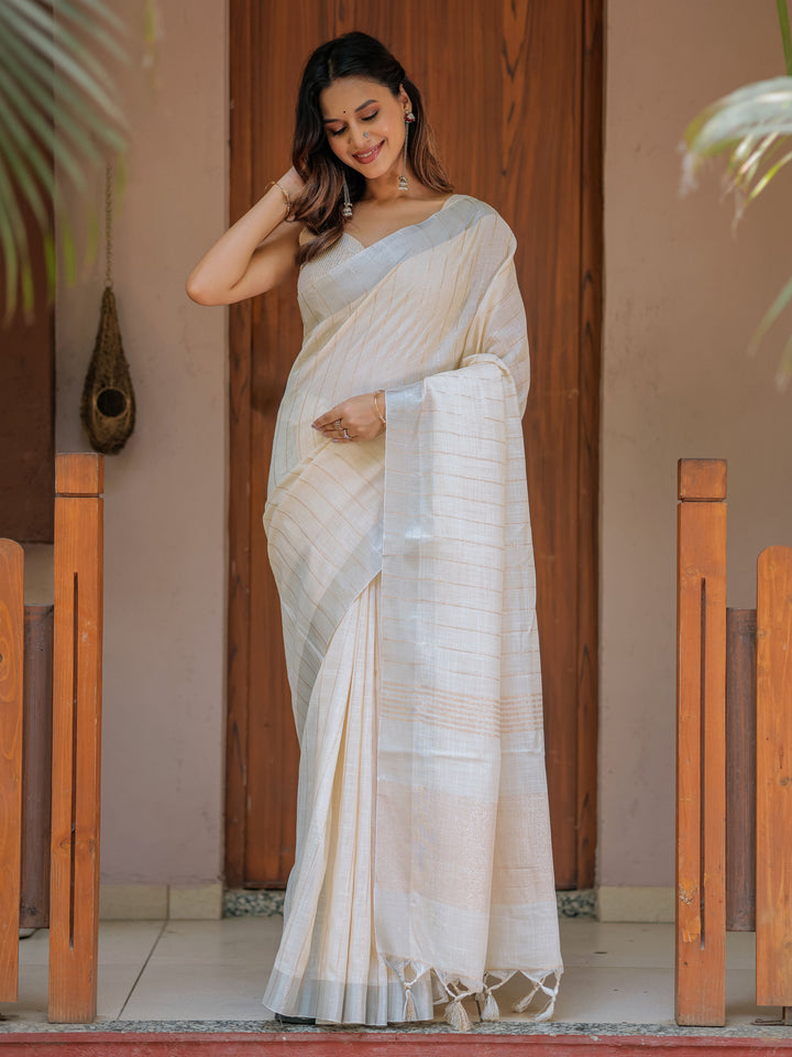 Ivory Cream Pure Handloom Cotton Saree with Golden Striped Weaving & Tassel Detailing