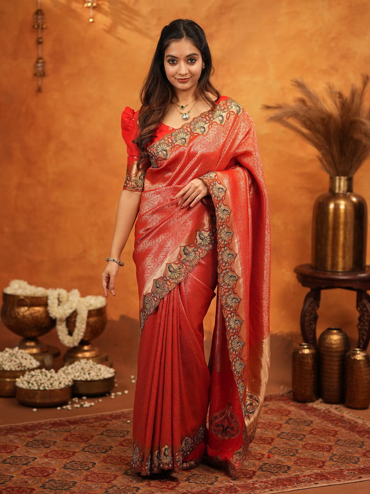 Classic Red Banarasi Silk Saree with Rich Zari Weaving & Heavy Embroidered Border | Designer Wedding Wear Saree with Blouse & Tassels