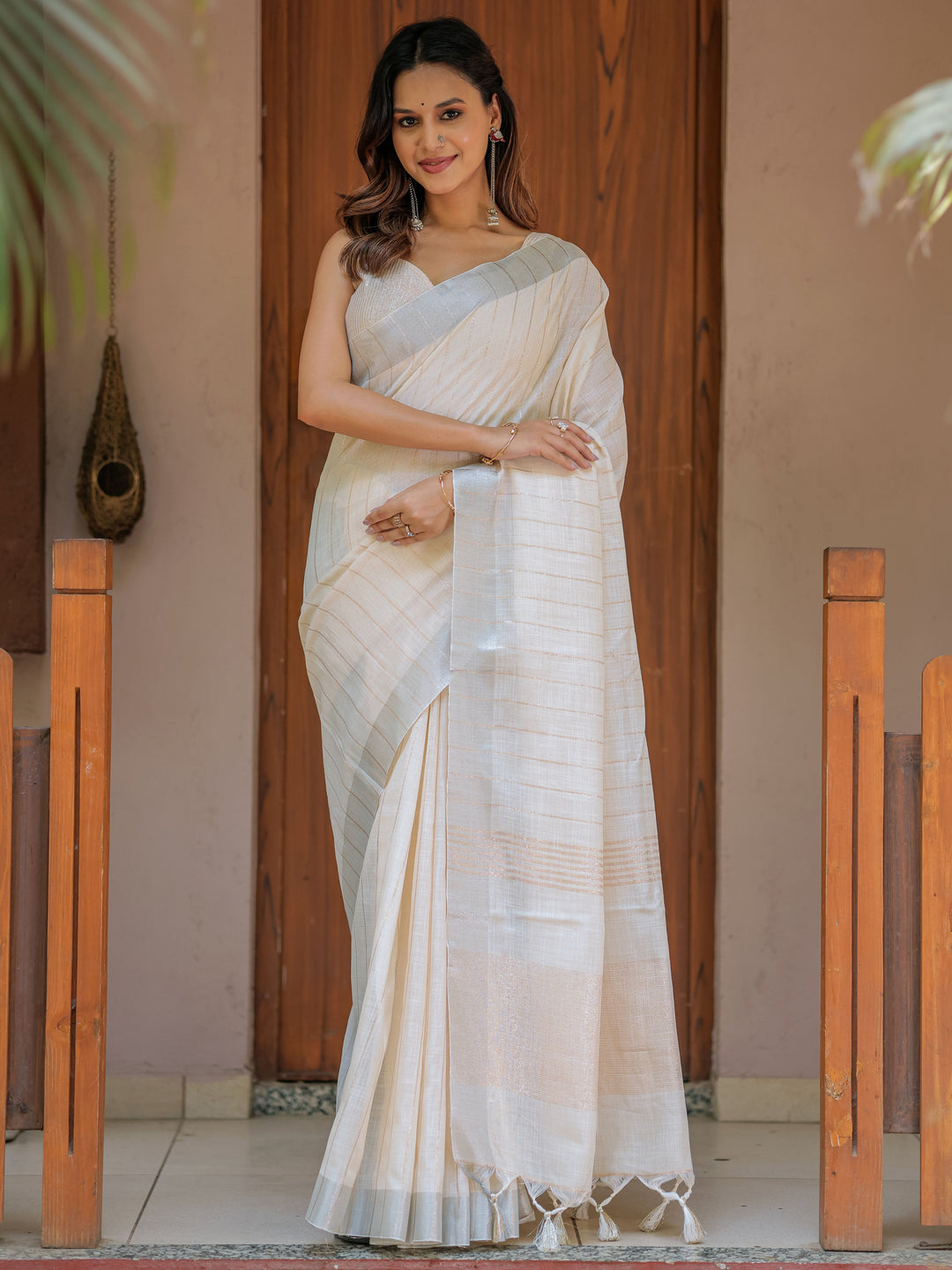 Ivory Cream Pure Handloom Cotton Saree with Golden Striped Weaving & Tassel Detailing