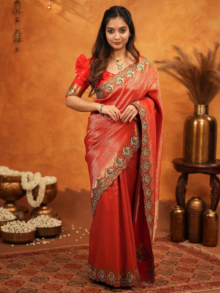 Classic Red Banarasi Silk Saree with Rich Zari Weaving & Heavy Embroidered Border | Designer Wedding Wear Saree with Blouse & Tassels