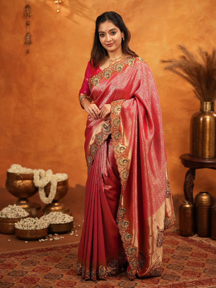 Rani Pink Banarasi Silk Saree with Rich Zari Weaving & Heavy Embroidered Border | Designer Wedding Wear Saree with Embroidered Blouse & Tassels
