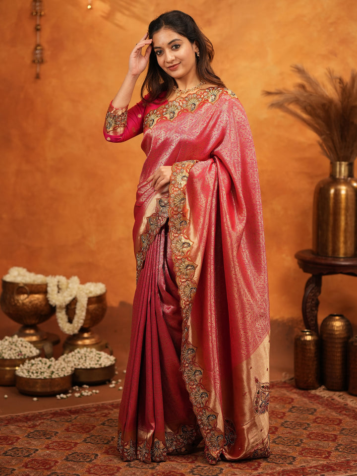 Rani Pink Banarasi Silk Saree with Rich Zari Weaving & Heavy Embroidered Border | Designer Wedding Wear Saree with Embroidered Blouse & Tassels
