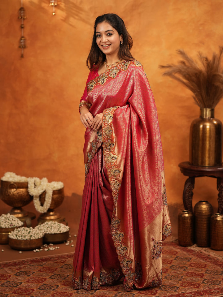 Rani Pink Banarasi Silk Saree with Rich Zari Weaving & Heavy Embroidered Border | Designer Wedding Wear Saree with Embroidered Blouse & Tassels