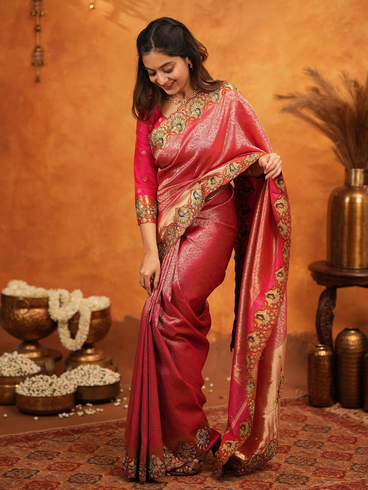 Rani Pink Banarasi Silk Saree with Rich Zari Weaving & Heavy Embroidered Border | Designer Wedding Wear Saree with Embroidered Blouse & Tassels
