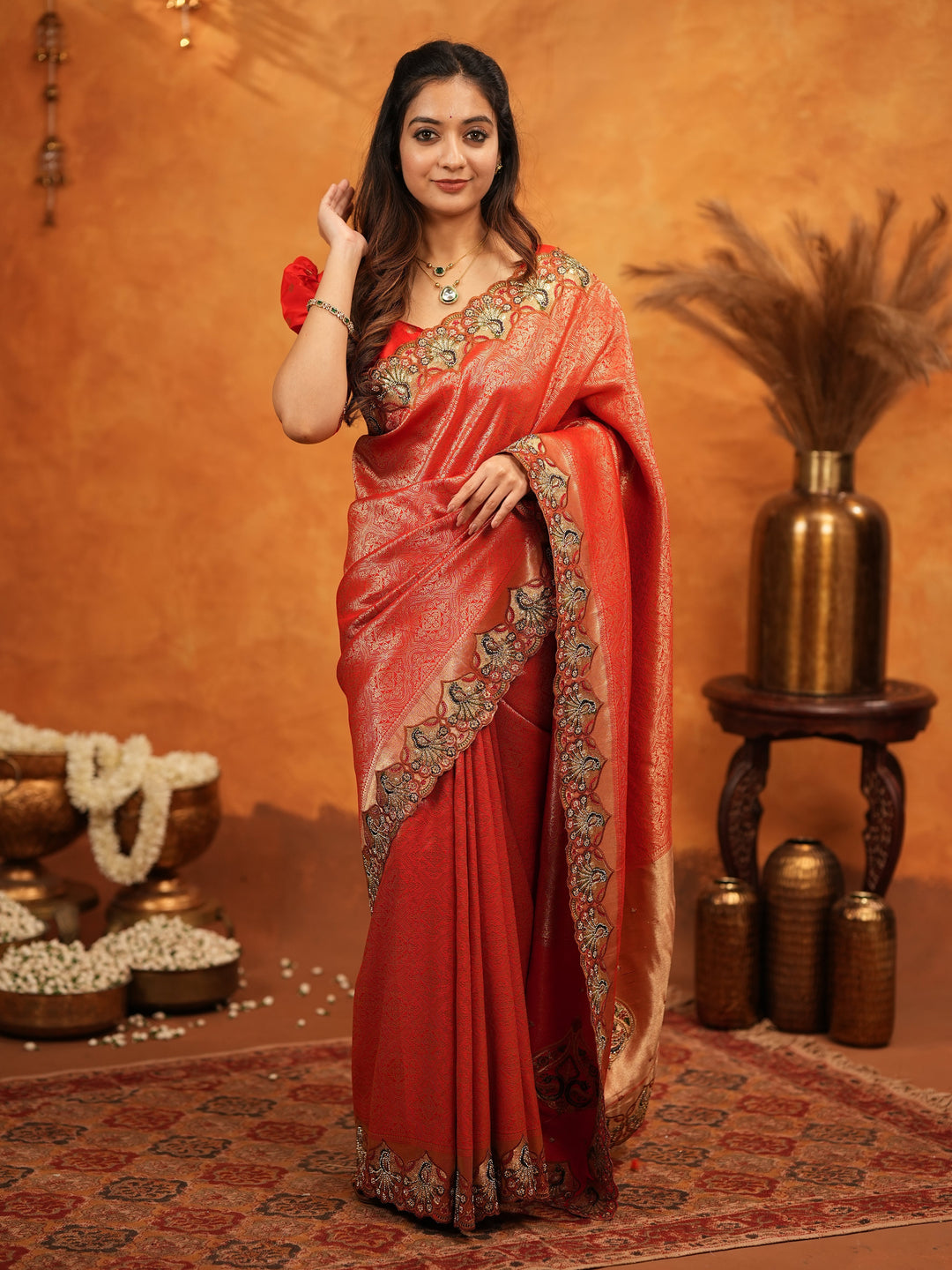 Classic Red Banarasi Silk Saree with Rich Zari Weaving & Heavy Embroidered Border | Designer Wedding Wear Saree with Blouse & Tassels