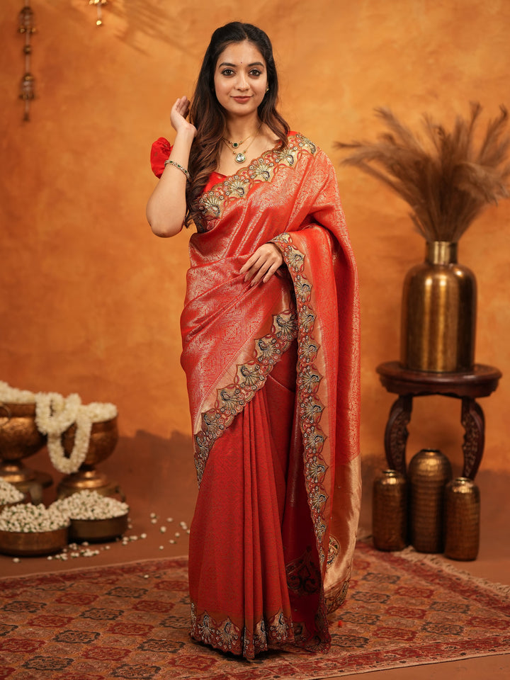 Classic Red Banarasi Silk Saree with Rich Zari Weaving & Heavy Embroidered Border | Designer Wedding Wear Saree with Blouse & Tassels