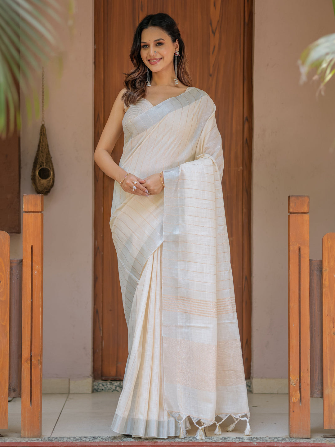 Ivory Cream Pure Handloom Cotton Saree with Golden Striped Weaving & Tassel Detailing