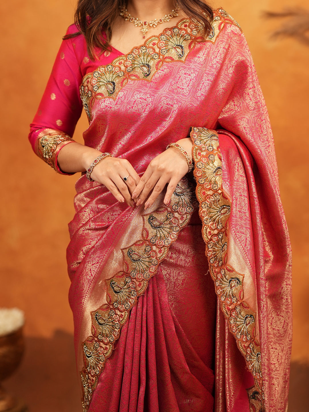 Rani Pink Banarasi Silk Saree with Rich Zari Weaving & Heavy Embroidered Border | Designer Wedding Wear Saree with Embroidered Blouse & Tassels
