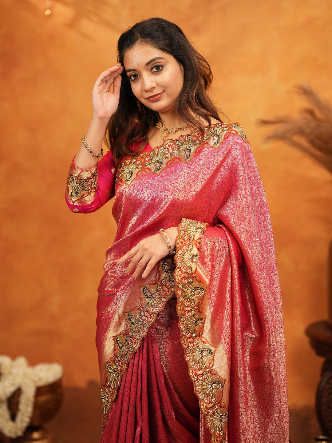 Rani Pink Banarasi Silk Saree with Rich Zari Weaving & Heavy Embroidered Border | Designer Wedding Wear Saree with Embroidered Blouse & Tassels