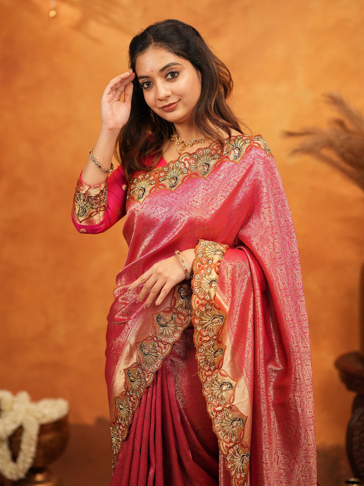 Rani Pink Banarasi Silk Saree with Rich Zari Weaving & Heavy Embroidered Border | Designer Wedding Wear Saree with Embroidered Blouse & Tassels