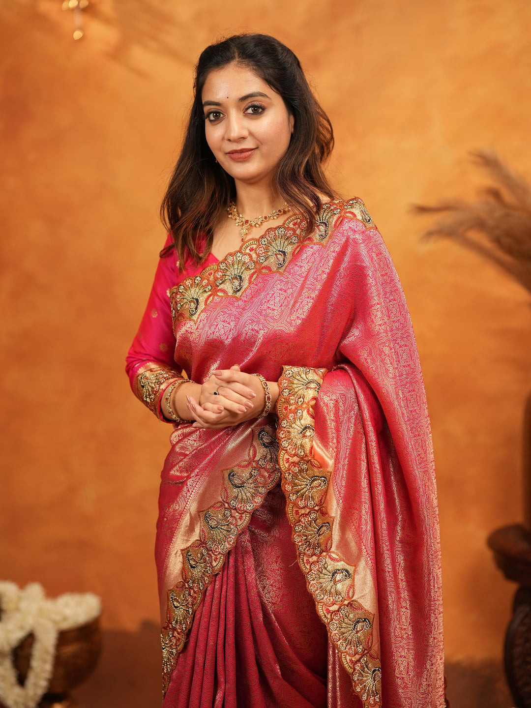 Rani Pink Banarasi Silk Saree with Rich Zari Weaving & Heavy Embroidered Border | Designer Wedding Wear Saree with Embroidered Blouse & Tassels