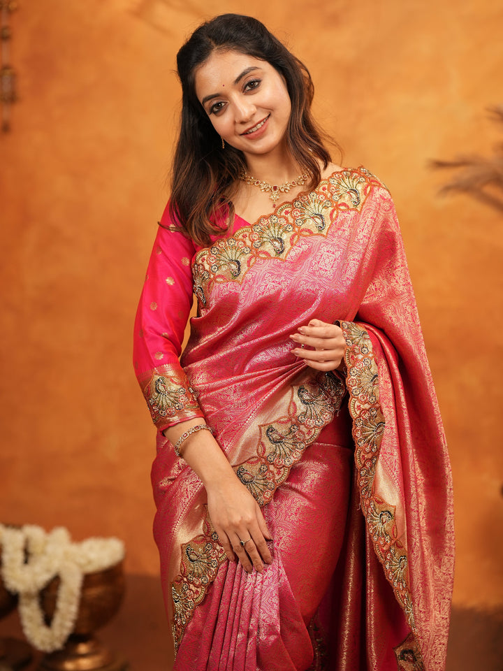 Rani Pink Banarasi Silk Saree with Rich Zari Weaving & Heavy Embroidered Border | Designer Wedding Wear Saree with Embroidered Blouse & Tassels