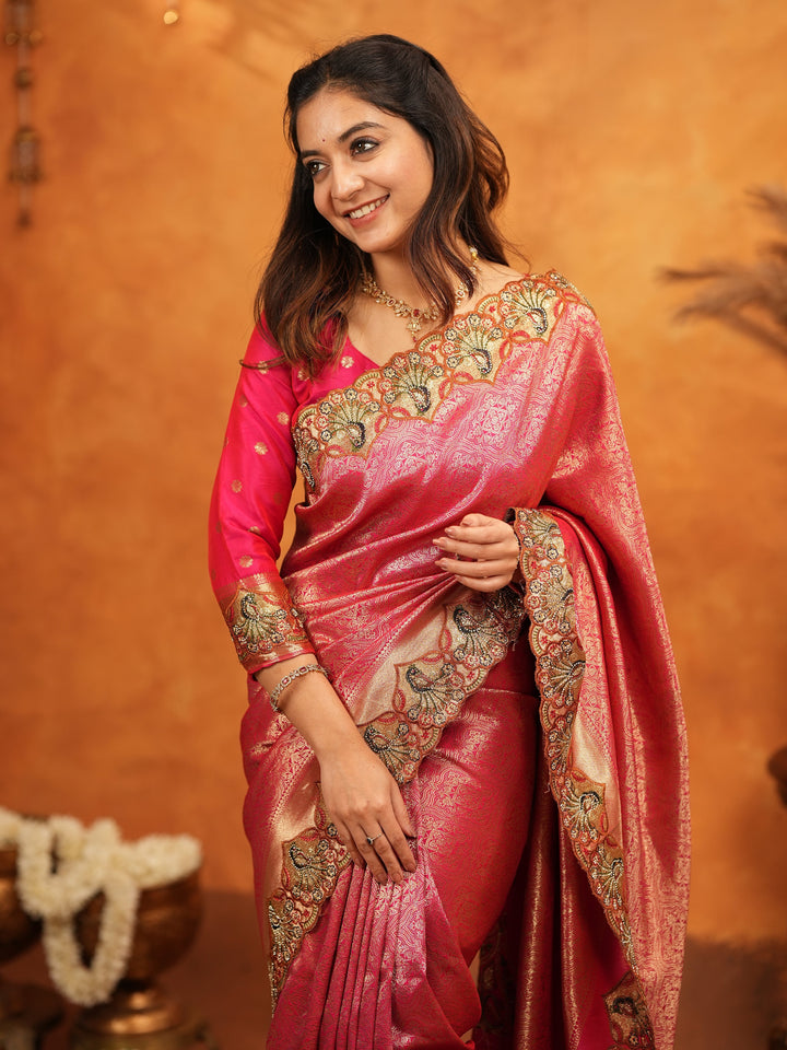 Rani Pink Banarasi Silk Saree with Rich Zari Weaving & Heavy Embroidered Border | Designer Wedding Wear Saree with Embroidered Blouse & Tassels