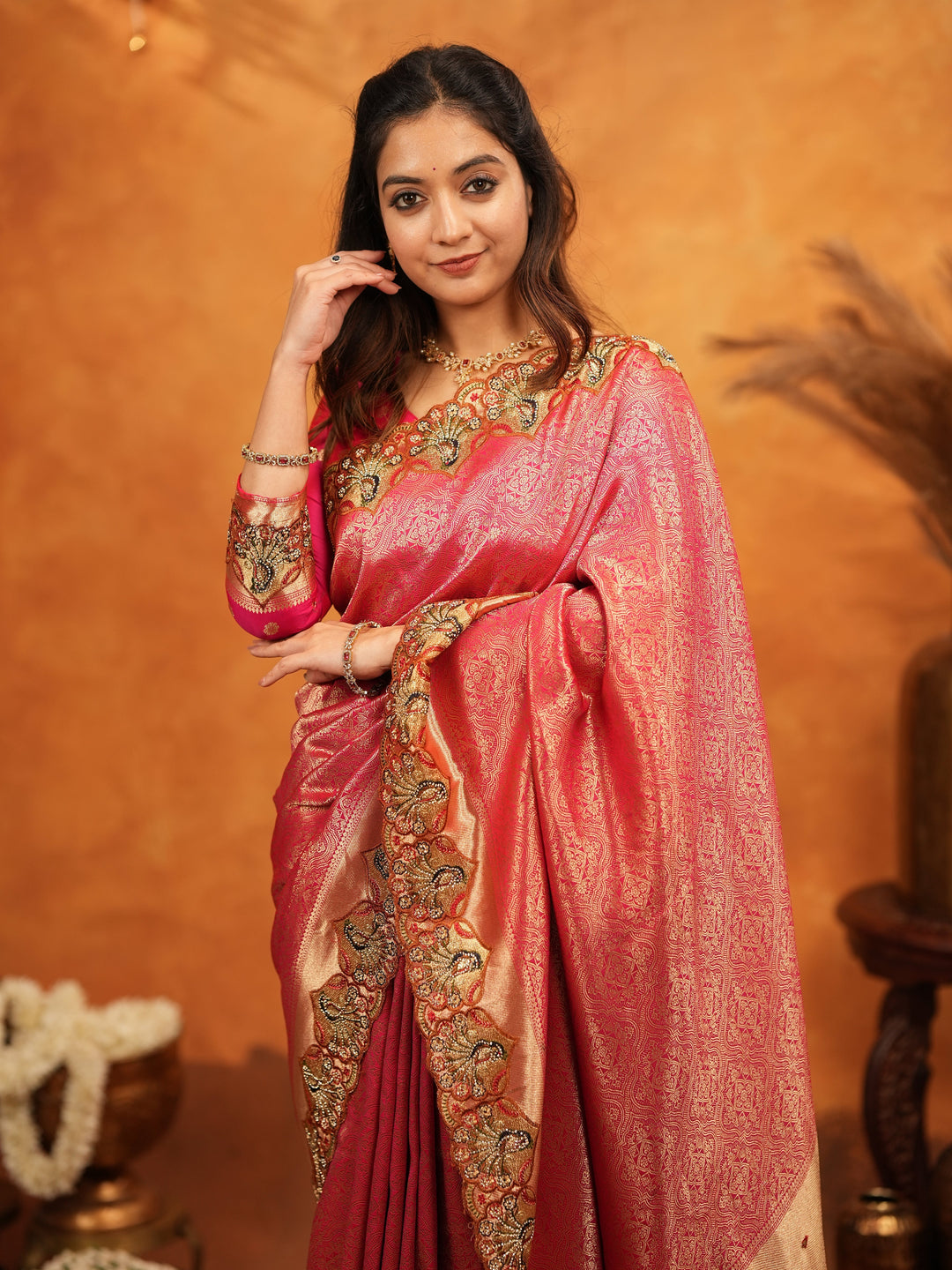 Rani Pink Banarasi Silk Saree with Rich Zari Weaving & Heavy Embroidered Border | Designer Wedding Wear Saree with Embroidered Blouse & Tassels