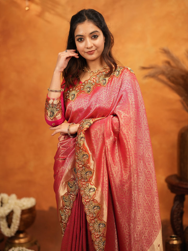 Rani Pink Banarasi Silk Saree with Rich Zari Weaving & Heavy Embroidered Border | Designer Wedding Wear Saree with Embroidered Blouse & Tassels