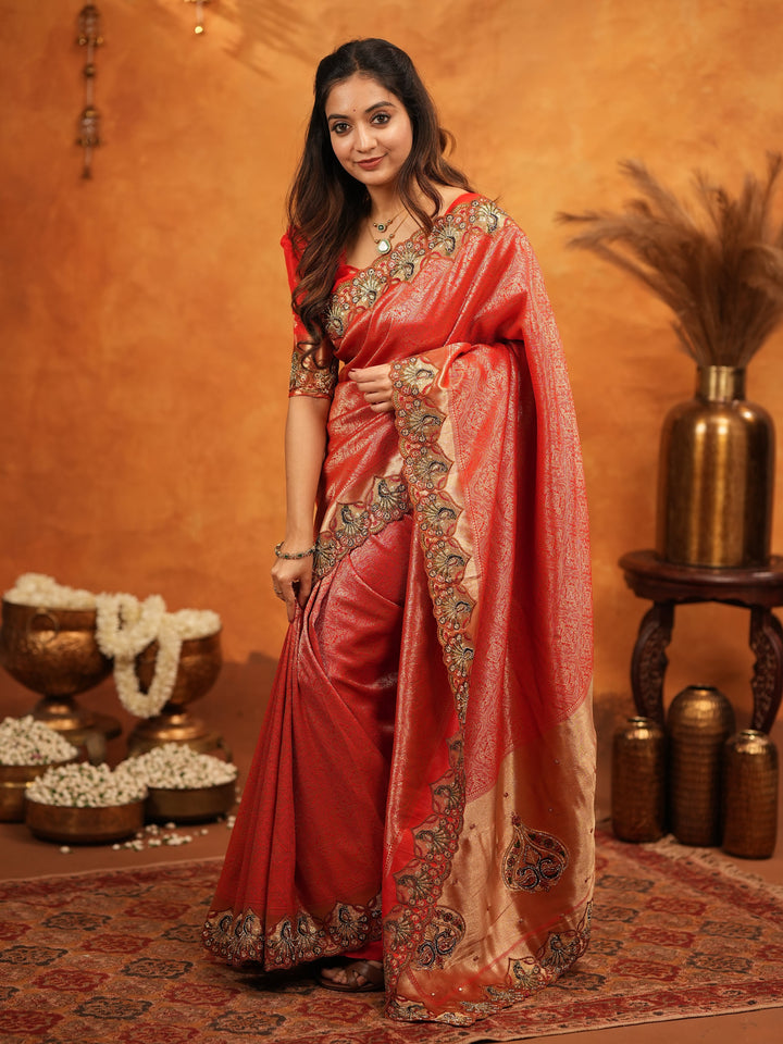 Classic Red Banarasi Silk Saree with Rich Zari Weaving & Heavy Embroidered Border | Designer Wedding Wear Saree with Blouse & Tassels