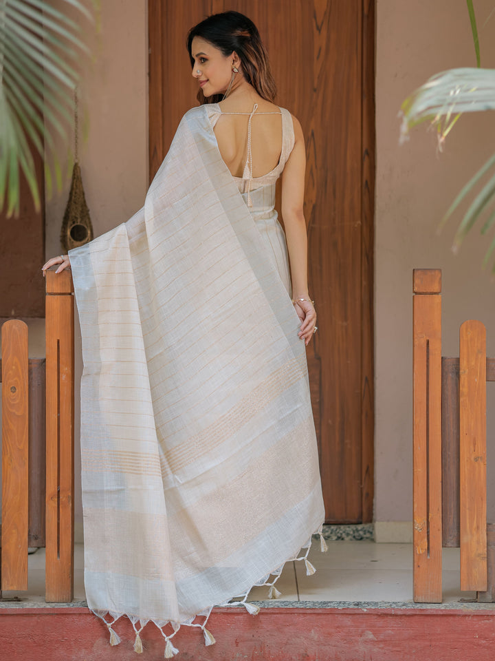 Ivory Cream Pure Handloom Cotton Saree with Golden Striped Weaving & Tassel Detailing