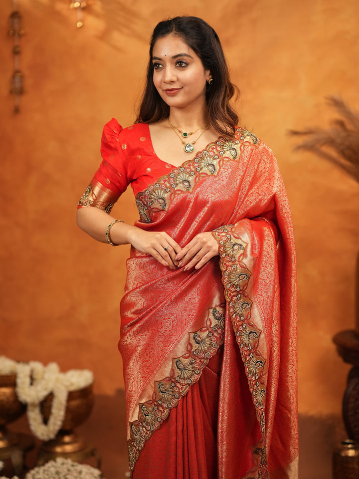Classic Red Banarasi Silk Saree with Rich Zari Weaving & Heavy Embroidered Border | Designer Wedding Wear Saree with Blouse & Tassels