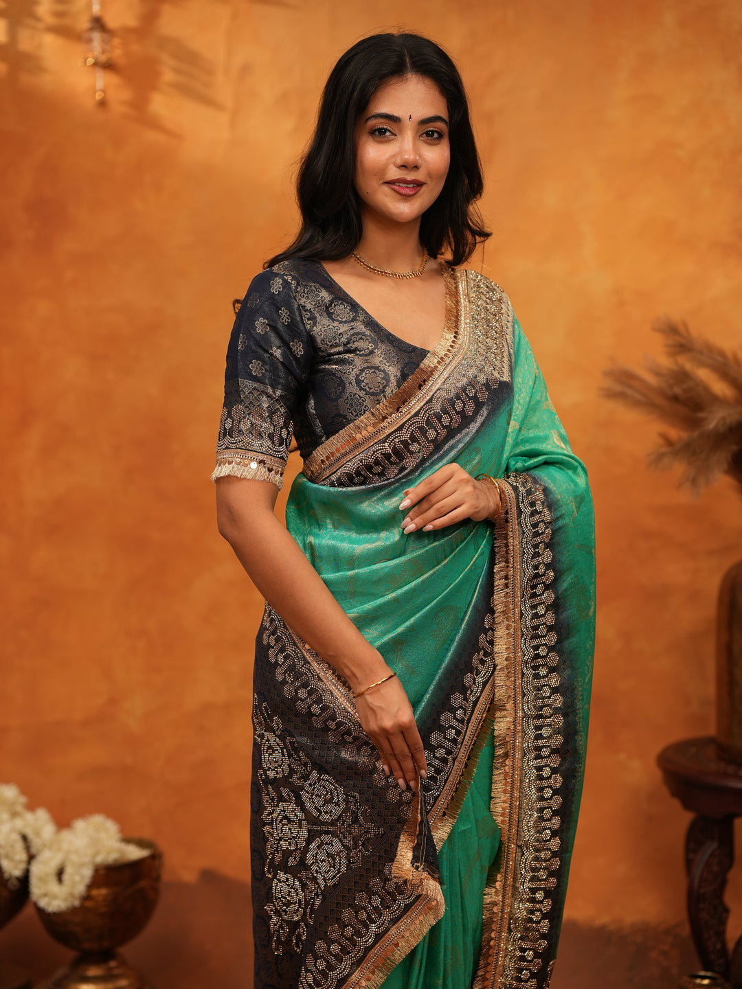 Elegant Teal Green Banarasi Silk Saree with Black Zari Border & Rich Woven Pallu | Designer Festive & Wedding Wear Saree