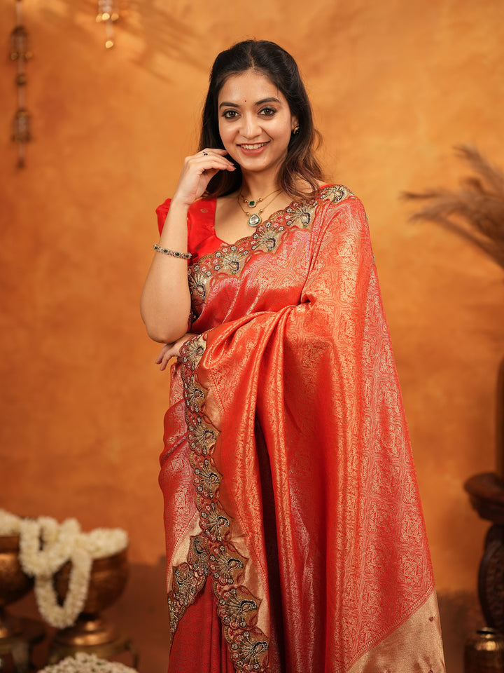 Classic Red Banarasi Silk Saree with Rich Zari Weaving & Heavy Embroidered Border | Designer Wedding Wear Saree with Blouse & Tassels