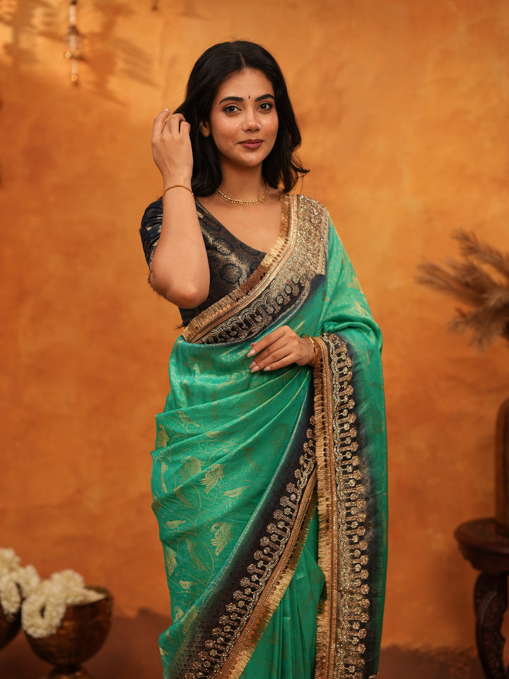 Elegant Teal Green Banarasi Silk Saree with Black Zari Border & Rich Woven Pallu | Designer Festive & Wedding Wear Saree