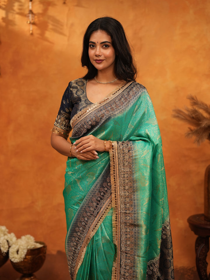 Elegant Teal Green Banarasi Silk Saree with Black Zari Border & Rich Woven Pallu | Designer Festive & Wedding Wear Saree