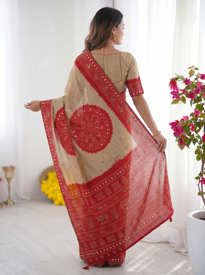 Beige &amp; Crimson Red Bandhani Inspired Modal Silk Saree with Traditional Folk Print Pallu &amp; Stone Embellishments