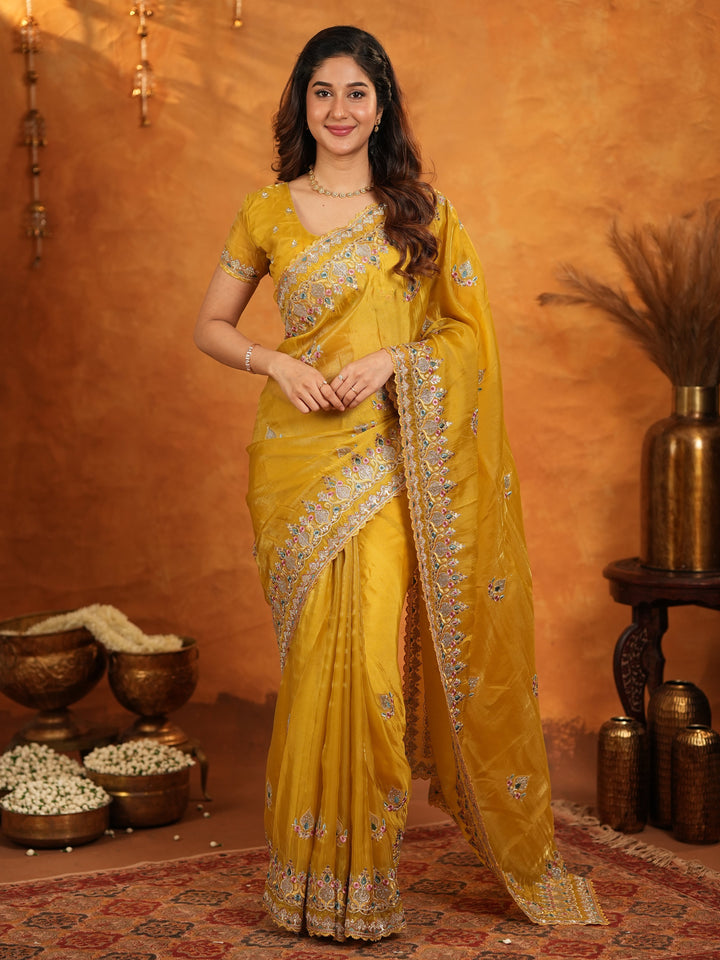 Mustard Yellow Fendy Satin Embroidered Saree with Heavy Floral Border & Designer Pallu | Festive Wedding Wear Saree with Embroidered Blouse